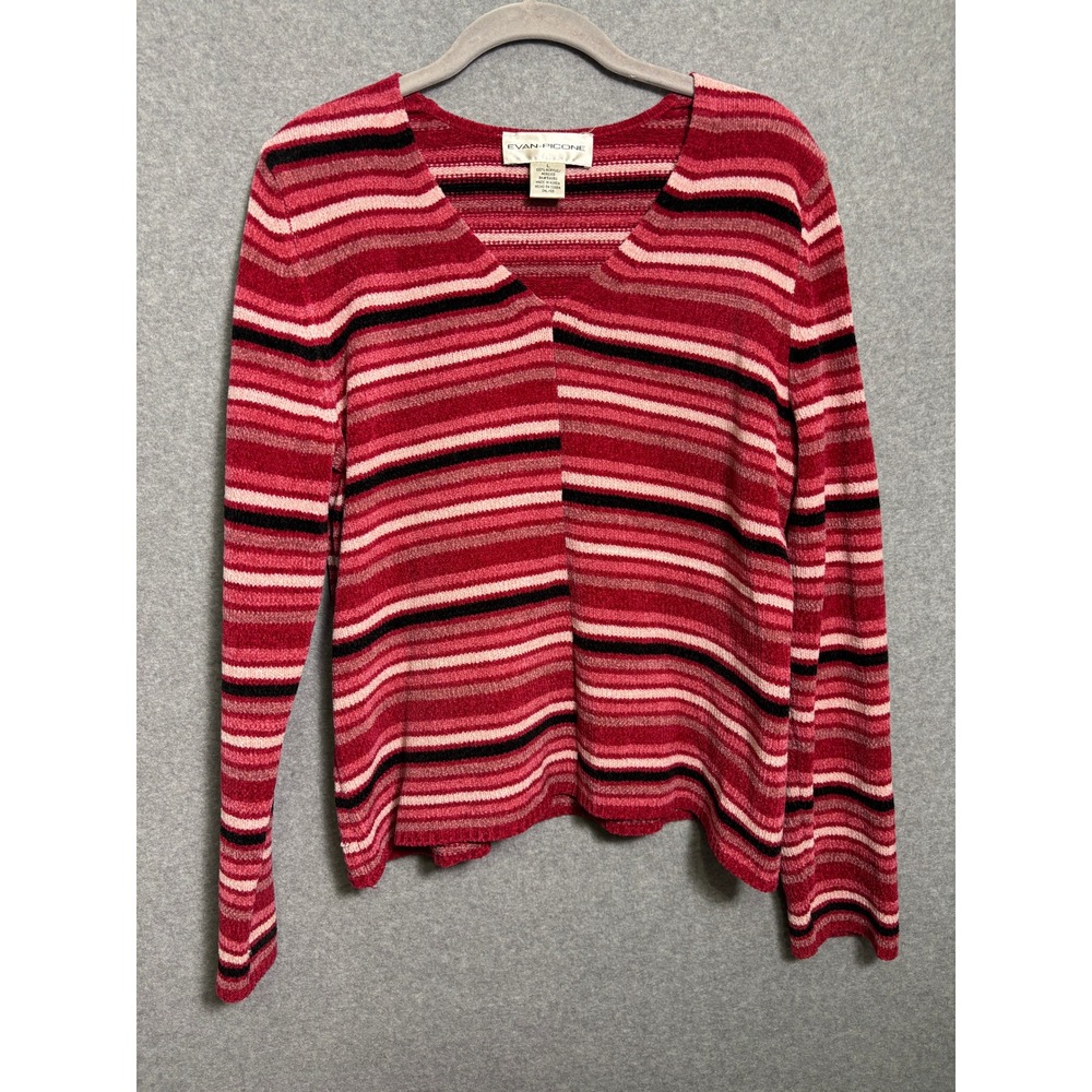 Evan-Picone Striped Chenille Sweater Women's Large Pink Red Y2K Soft Knit Berry